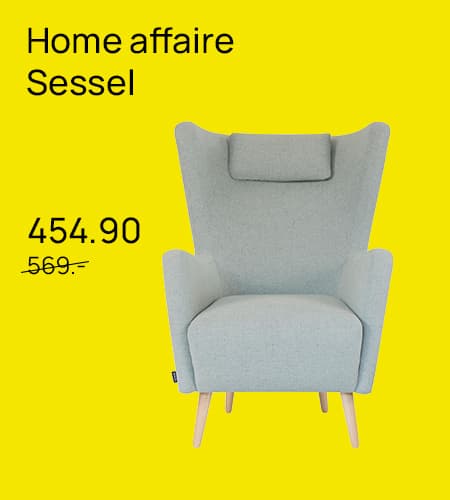 Home affaire Sessel für 454.90 statt 569 – grauer Sessel mit hoher Rückenlehne und Holzbeinen vor gelbem Hintergrund