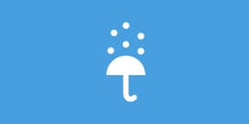 Weißer Regenschirm mit Tropfen auf blauem Hintergrund