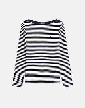 Gestreiftes Langarmshirt in Schwarz-Weiß mit kleinem Logo auf der Brust.