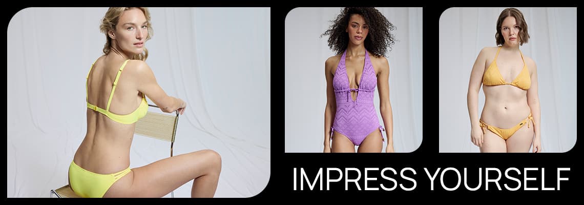 IMPRESS YOURSELF – drei Frauen posieren in gelbem Bikini, lila Badeanzug und gelbem Triangel-Bikini vor hellem Hintergrund