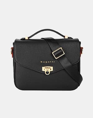 Schwarze bugatti Umhängetasche mit Überschlag, goldfarbener Schnalle und verstellbarem Schulterriemen