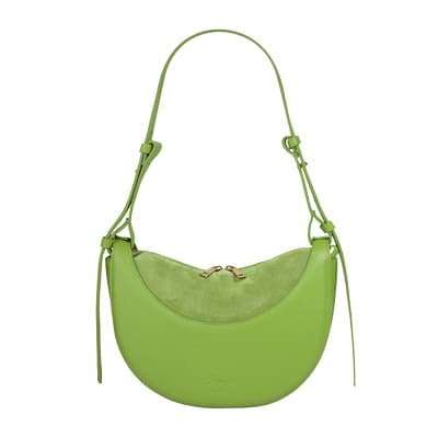 Halbmondförmige Schultertasche in hellem Grün mit verstellbarem Riemen und seitlichen Bändern