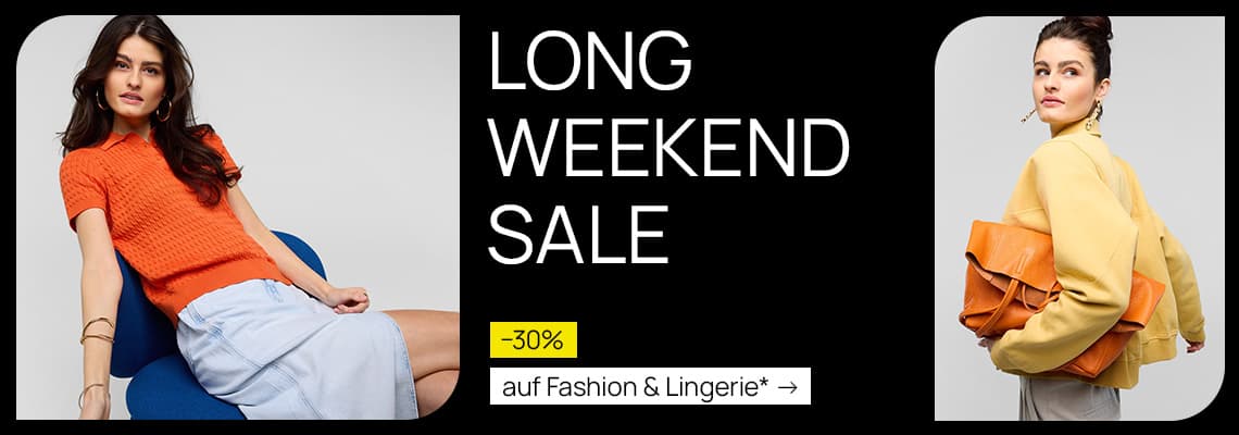 LONG WEEKEND SALE –30 % auf Fashion & Lingerie – zwei Frauen in farbiger Kleidung posieren vor hellem Hintergrund