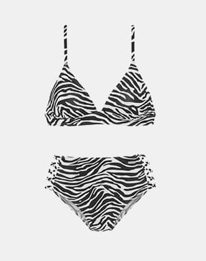 Bikini mit Zebramuster in Schwarz-Weiß, Triangel-Top und hoch geschnittene Hose mit seitlichen Schnürdetails
