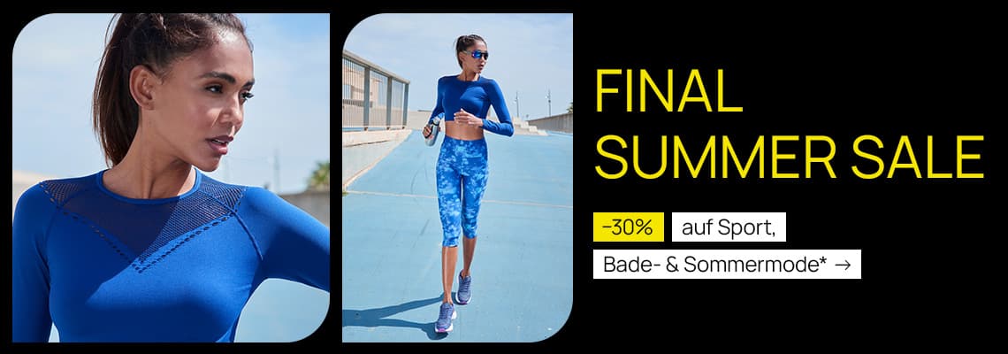 FINAL SUMMER SALE – 30 % auf Sport-, Bade- & Sommermode – Frau in blauem Sportoutfit läuft auf Bahn