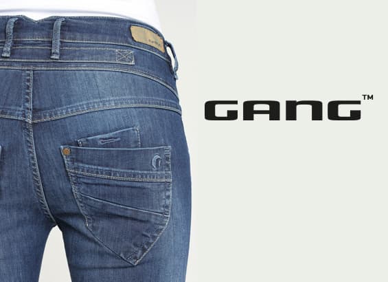 GANG Logo neben Rückansicht einer Person in blauer Jeans mit markanter Gesäßtasche