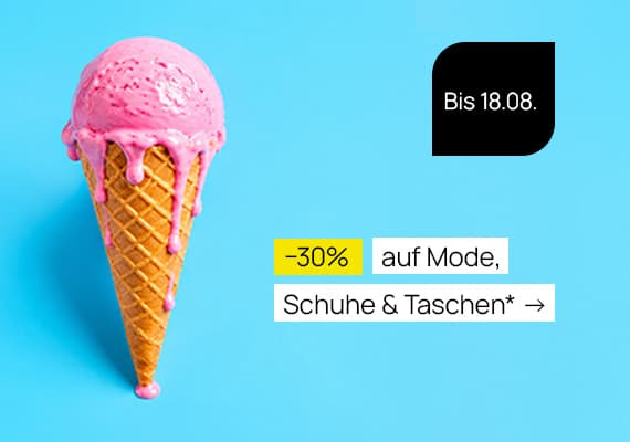 -30 % auf Mode, Schuhe & Taschen bis 18.08. – rosa Eistüte vor blauem Hintergrund