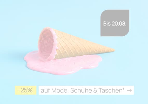Bis 20.08. – 25 % auf Mode, Schuhe & Taschen – umgefallene Eiswaffel mit schmelzendem rosa Eis auf hellblauem Hintergrund