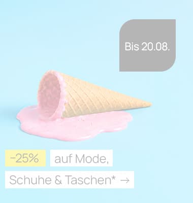 Bis 20.08. –25 % auf Mode, Schuhe & Taschen* – umgekipptes Waffeleis mit rosa Eiscreme auf hellblauem Hintergrund