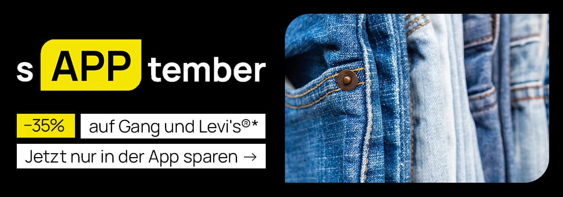 -35 % auf Gang und Levi’s – sAPPtember App-Aktion mit Nahaufnahme von mehreren aufgehängten Jeans