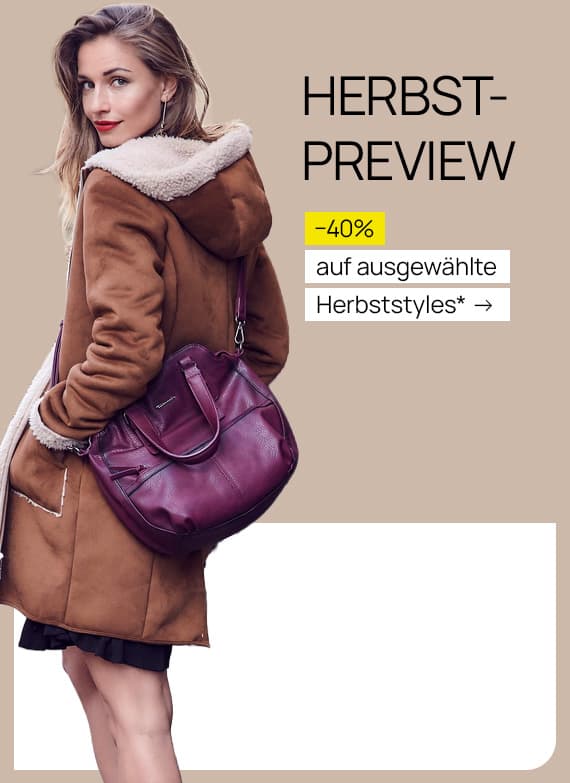 HERBST-PREVIEW –40 % auf ausgewählte Herbststyles – Frau im Herbstmantel mit großer Schultertasche blickt über die Schulter
