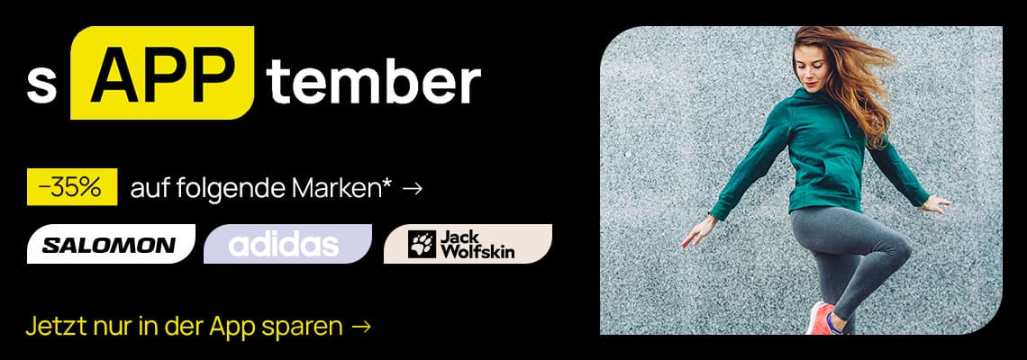 -35 % auf Salomon, adidas, Jack Wolfskin – Frau im Sportoutfit springt dynamisch vor grauer Wand, sAPPtember App-Aktion